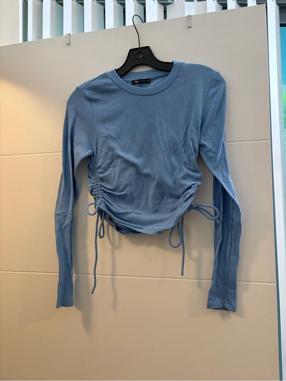 Zara Pastel Blue Ribbed Side-Tie Long Sleeve Top